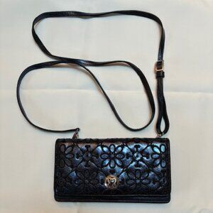Brighton purse, blue with sewn flower designs.
